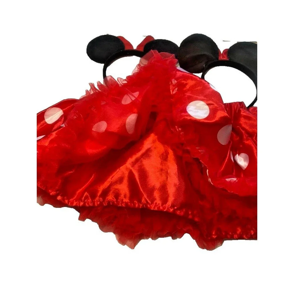 Disney Minnie Mouse Skirt Red Polka Dot Ruffled Tulle Costume w/ Ears -Size 4 T